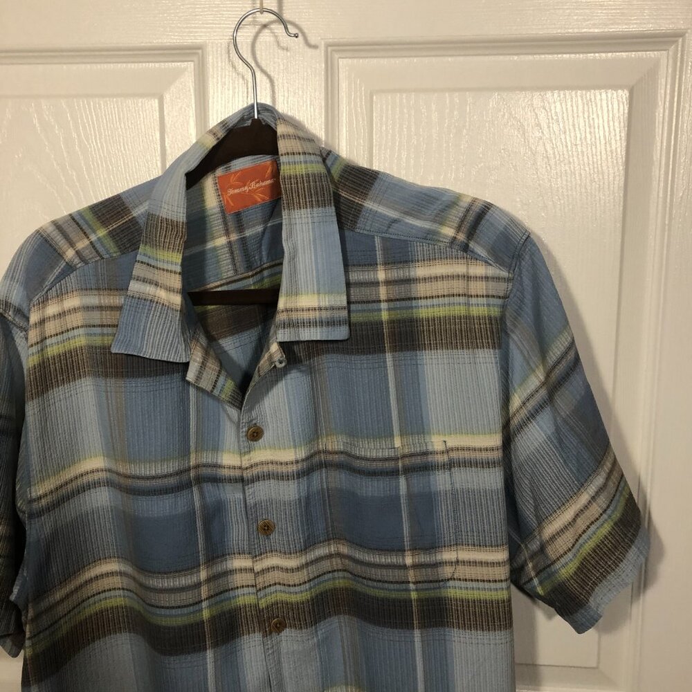 Tommy Bahama men blue and gray plaid motive short sleeve silk shirt, size L - Picture 11 of 11